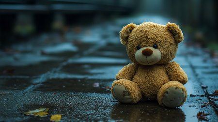 A plush brown teddy bear with a light brown snout and paws sits on a wet surface. The bear has a sad expression.の素材