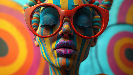 A close-up of a face with closed eyes, wearing red glasses. The skin is painted with colorful stripes. The lips are a vibrant pink.の素材
