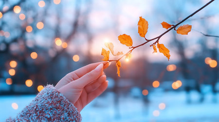 A hand gently holds a branch with golden leaves, showcasing delicate textures and warm tones against a cool, wintery backdrop.の素材