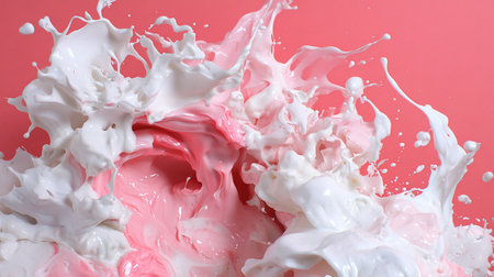 A dynamic splash of two liquids, white and pink, creating an abstract composition. The liquids appear to be in motion, with a glossy texture.の素材