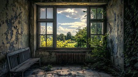 Interior of a derelict room with crumbling, peeling paint on the walls, a weathered wooden bench, a rusty radiator, and overgrown plants.の素材