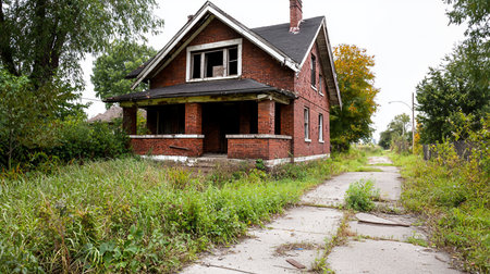 Weathered red brick two-story house featuring a prominent gabled roof, a front porch with brick columns, and shattered upper-story windows.の素材