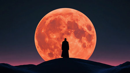 A dark silhouette of a person in a long coat stands on a textured hill, facing a massive, detailed, glowing red full moon.の素材