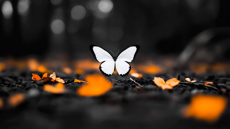 Striking white butterfly with black-edged wings, symmetrically displayed, facing forward with delicate antennae visible.の素材