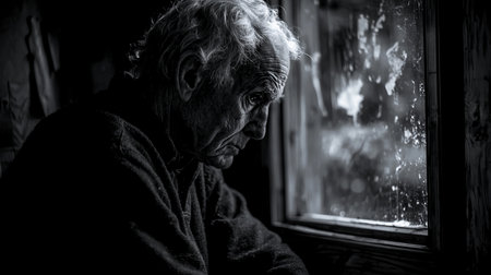 A black and white portrait of an elderly man in profile, with deep wrinkles and a contemplative expression. He is wearing a textured sweater.の素材