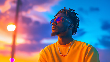 Close-up of a stylish Black man with dark dreadlocks, a neatly trimmed beard, and vibrant reflective sunglasses. He wears a bright yellow t-shirt and a shiny silver Cuban link chain, gazing upwards.の素材