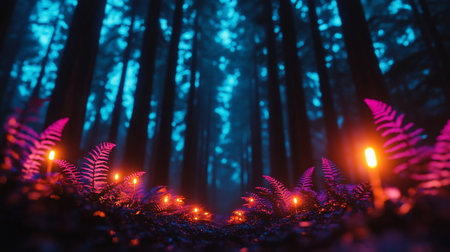 A low-angle view of a dark forest floor where vibrant pink ferns and small, warm orange lights create a magical, glowing path through the undergrowth.の素材