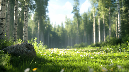 A large, textured rock sits in a vibrant green meadow, illuminated by sunlight. The rock has a rough, weathered surface.の素材