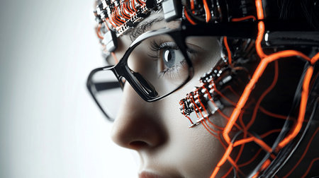 Close-up profile of a woman wearing futuristic glasses and cybernetic implants with glowing orange circuits integrated into her head.の素材