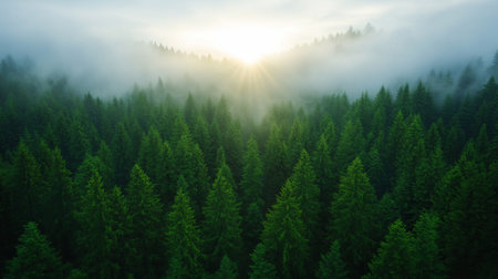 An expansive, dense forest of vibrant green pine trees viewed from above. A thick, ethereal mist blankets the landscape as a bright sun rises, casting golden rays.の素材
