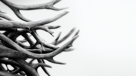 A close-up, black and white view of a cluster of weathered, textured antlers, showcasing their natural branching patterns and rough surfaces.の素材