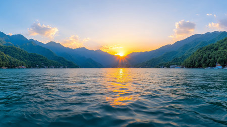 A stunning landscape featuring a serene lake reflecting the golden hues of a setting sun, framed by lush green mountains. The water's surface ripples gently.の素材