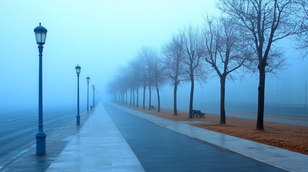 A serene, atmospheric scene featuring a line of leafless trees and ornate lampposts receding into thick, blue fog.の素材