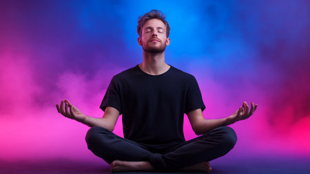 Young man with a beard sits cross-legged, eyes closed, hands in mudra, wearing a black t-shirt and dark pants, in a meditative pose.の素材