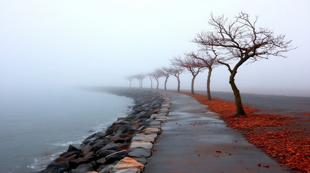 A row of bare trees line a wet pathway, with red leaves scattered along the edge. The scene is enveloped in thick fog.の素材