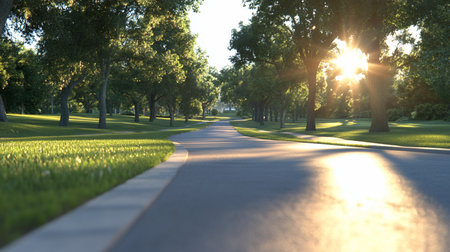A paved road curves through a park-like setting with lush green grass and mature trees, illuminated by warm, bright sunlight.の素材