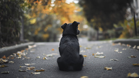 A small black dog with fluffy fur sits patiently on a wet asphalt road, looking away from the camera, surrounded by fallen autumn leaves.の素材