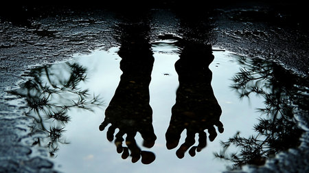 Two dark silhouettes of feet are reflected in a puddle, showing toes and foot shapes. The reflection is clear.の素材
