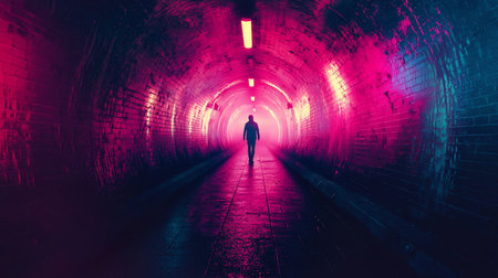 A silhouetted figure walks through a brick tunnel, illuminated by pink and blue lights, creating a surreal and mysterious atmosphere.の素材