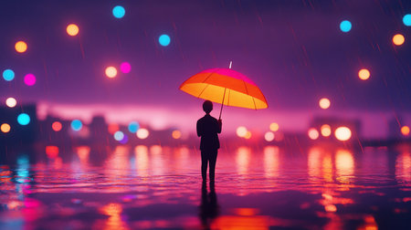 A person in silhouette stands in shallow water, holding a brightly colored umbrella against a backdrop of blurred city lights and falling rain.の素材