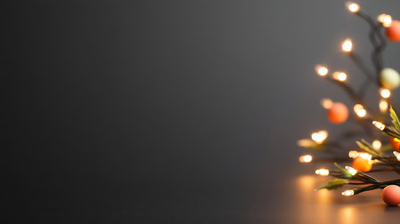 A string of warm white LED lights with small, round, orange and pale green decorative orbs and tiny green leaves, casting a soft glow.の素材