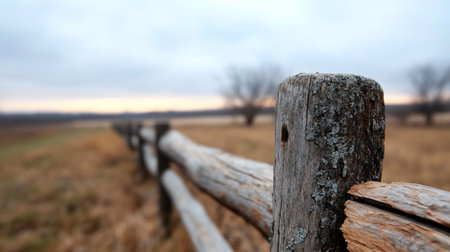 Close-up of a gray, weathered wooden fence post covered in lichen, with a blurred rural landscape in the background.の素材