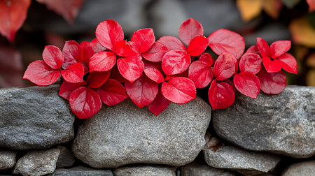 A cluster of vibrant red leaves with visible veins, resting on a textured gray stone wall, creating a striking contrast.の素材