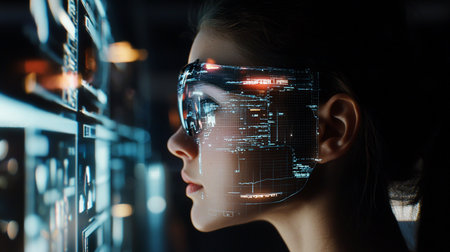 Profile of a woman wearing augmented reality glasses displaying digital data and graphs, with a focused expression, in a dark environment.の素材