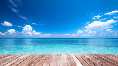 Warm brown wooden deck with visible grain, extending towards a tranquil, clear turquoise sea, beneath a brilliant blue sky with fluffy clouds.の素材