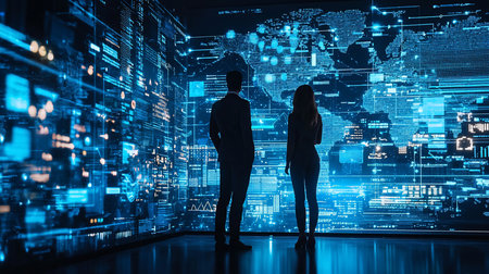 Rear view of a man and woman standing as silhouettes, observing a large, immersive screen displaying glowing blue futuristic data, charts, and a world map.の素材