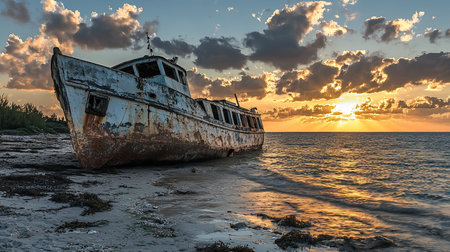 A decaying, rusty shipwreck sits on a sandy beach, showing signs of age and weathering, with a sunset in the background.の素材