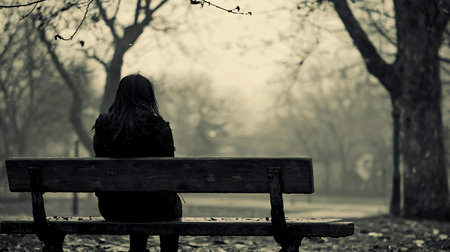 A woman with long hair sits on a weathered wooden bench, facing away from the viewer. She is wearing dark clothing.の素材