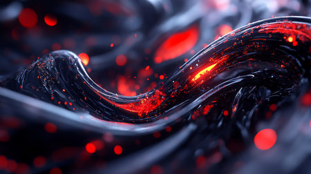 A glossy black wave-like form with red embers scattered across its surface, enhanced by a blurred red bokeh effect.の素材