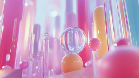 A collection of abstract geometric shapes, including translucent spheres and cylindrical rods, rendered in soft pastel colors with a glossy finish.の素材