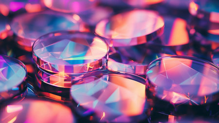 A macro shot of round, faceted glass gems with smooth, reflective surfaces. They shimmer with a vibrant, iridescent spectrum of pink, purple, and blue light.の素材