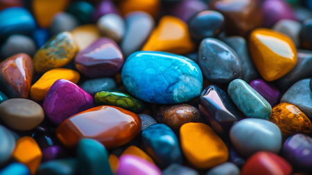 A close-up, macro view showcases a collection of smooth, polished gemstones, each with a unique color and subtle texture.の素材