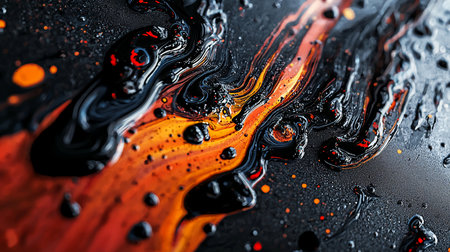 Swirling abstract artwork featuring flowing black, orange, and red liquid textures. The glossy, viscous material creates a dynamic and textured surface.の素材