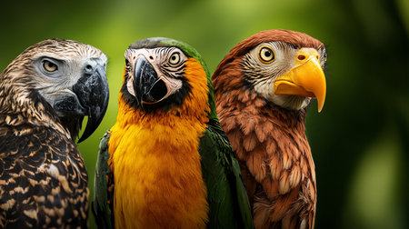 A close-up of three distinct birds side-by-side: a brown raptor, a yellow and green parrot, and a reddish-brown eagle with a bright yellow beak.の素材