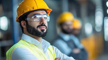 A bearded engineer wearing a yellow hard hat, safety glasses, and a reflective vest, with arms crossed, looking off to the side.の素材