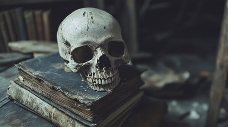 A realistic, weathered human skull with dark eye sockets and teeth rests on two ancient, dark-covered books with tattered, yellowed pages.の素材