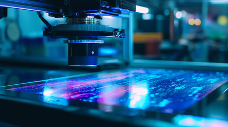 Close-up of an automated inspection system featuring precision optics and an illuminated surface with blue and purple patterns.の素材