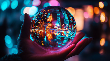 A clear crystal ball, reflecting a cityscape with bright lights, is held in a human hand. The ball glows with vibrant colors.の素材