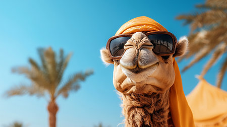 A close-up portrait of a camel with a furry texture, wearing stylish sunglasses and an orange headscarf, looking directly at the camera.の素材