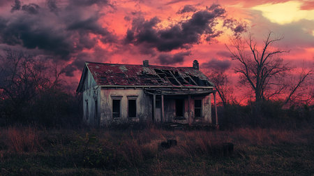An old, weathered, and decaying house stands in overgrown grass, its roof caved in, under a vibrant, dramatic sunset.の素材
