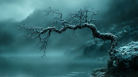 A gnarled tree branch, heavily coated in frost, arches gracefully over water. The branch's texture is rough and detailed, with numerous small twigs.の素材