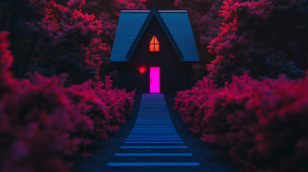 A-frame dark wooden cabin featuring a bright pink door, an orange triangular window, and a blue-lit path, nestled amidst glowing magenta bushes.の素材