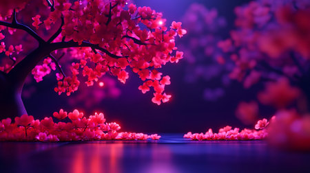 Vibrant pink cherry blossom tree with glowing, soft-textured petals and a dark, textured trunk. Luminous petals scattered on a reflective surface, creating a magical ambiance.の素材