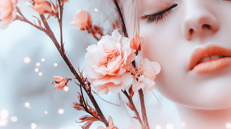 Close-up of a woman's face with closed eyes, featuring peach-colored roses and soft, diffused lighting, creating a serene and ethereal aesthetic.の素材