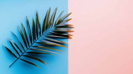 A single, vibrant green palm leaf is positioned diagonally, showcasing its intricate details. The leaf's texture and color contrast with the pastel background.の素材