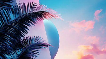 Close-up of palm fronds, showcasing a gradient of blue and pink hues. The leaves have a glossy texture, with a detailed, layered structure.の素材